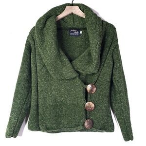 Ande Wear Wool Big Button Cardigan Sweater  S Olive Green Cowl Neck Wrap